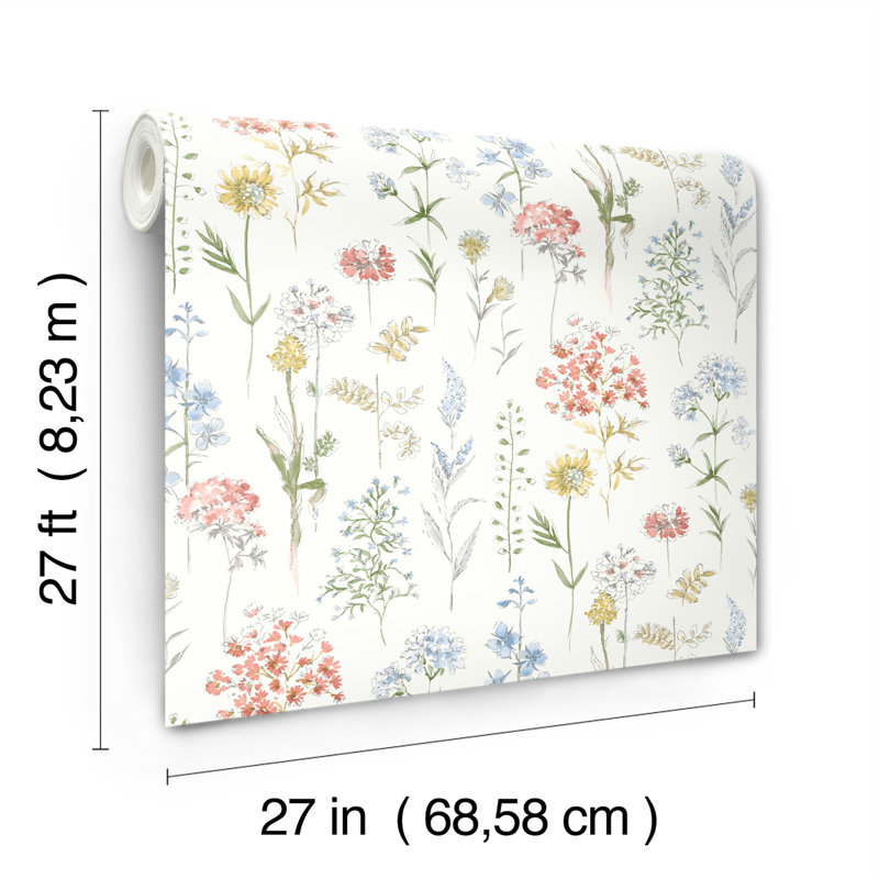 Papier peint Suzanne Country Wildflower 27 po de largeur 27 pieds de long = 60 pieds carrés, Blanc / bleu / rose / vert
