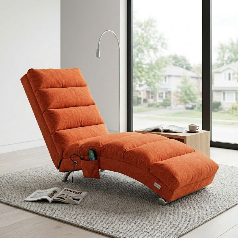 Chaise longue d'intérieur rembourrée avec 5 modes de massage électrique ergonomique télécommandé, 100 % lin orange