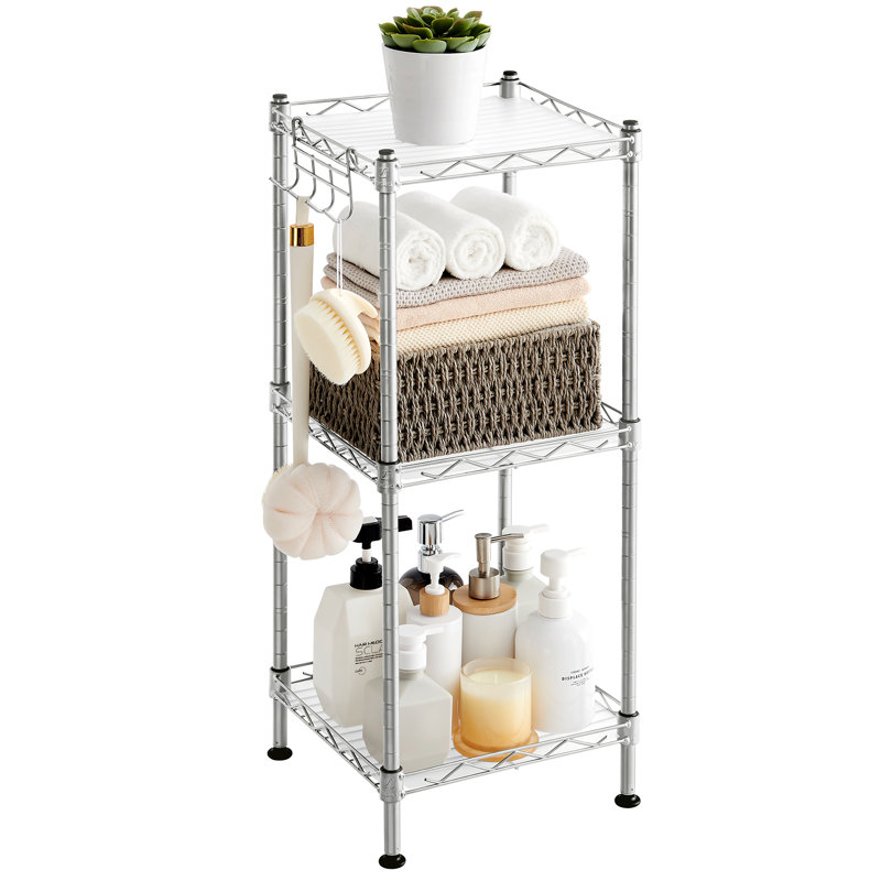 Étagère de salle de bain, étagère grillagée à 3 niveaux, étagère de rangement en métal, étagère avec crochet, doublure de tablette en PP, réglable en hauteur, pour salle de bain, cuisine