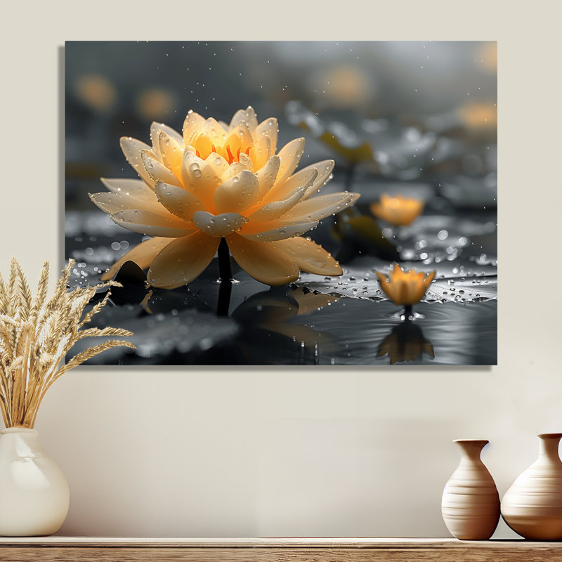 Étang de lotus tropical beige et gris I - art mural lotus, Sans cadre, métal, H 12 po x l 20 po