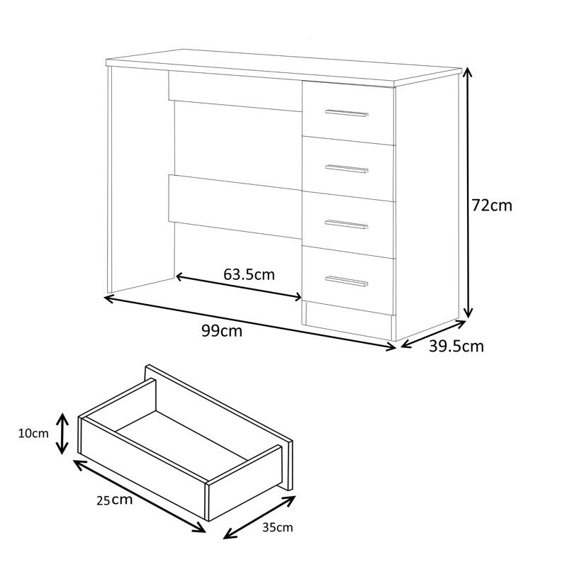 Eva High Gloss 4 Drrawer Dressing Table - H: 72cm x D: 39.5cm x W: 99cm, Walnut/Gloss Black