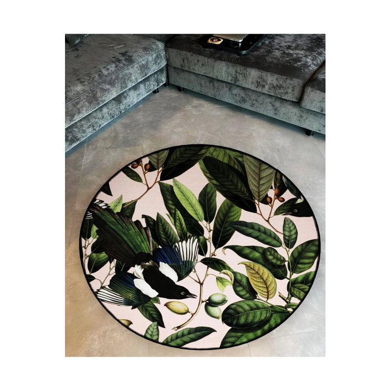 Woven Base Modern Decorative Carpet With Green Olive Branch And Bird Details, Round 4'