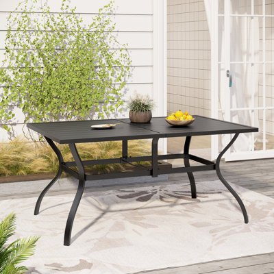 owder-coated Metal Frame Black Rectangular Outdoor Patio Dining Table with Umbrella Hole