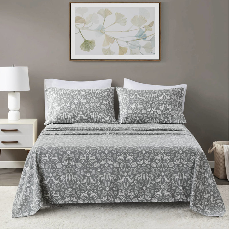 Ensemble de draps 4 pièces - Imprimé faune de sauge d'hiver, 100% flanelle de coton, dimensions luxueuses surdimensionnées jusqu'à une hauteur de matelas de 18 po, douceur supérieure, drap-housse élastique, pré-rétréci