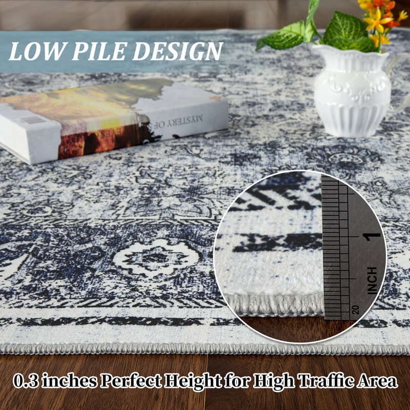 Vintage Washable Area Rug Distressed Floral Non-Slip Carpet Thin Collapsible Traditional Mat for Living Room Bedroom Kitchen Vintage Accent