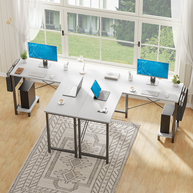 Bureau d'ordinateur en L avec support pour écran de bureau et sac de rangement latéral, Blanc