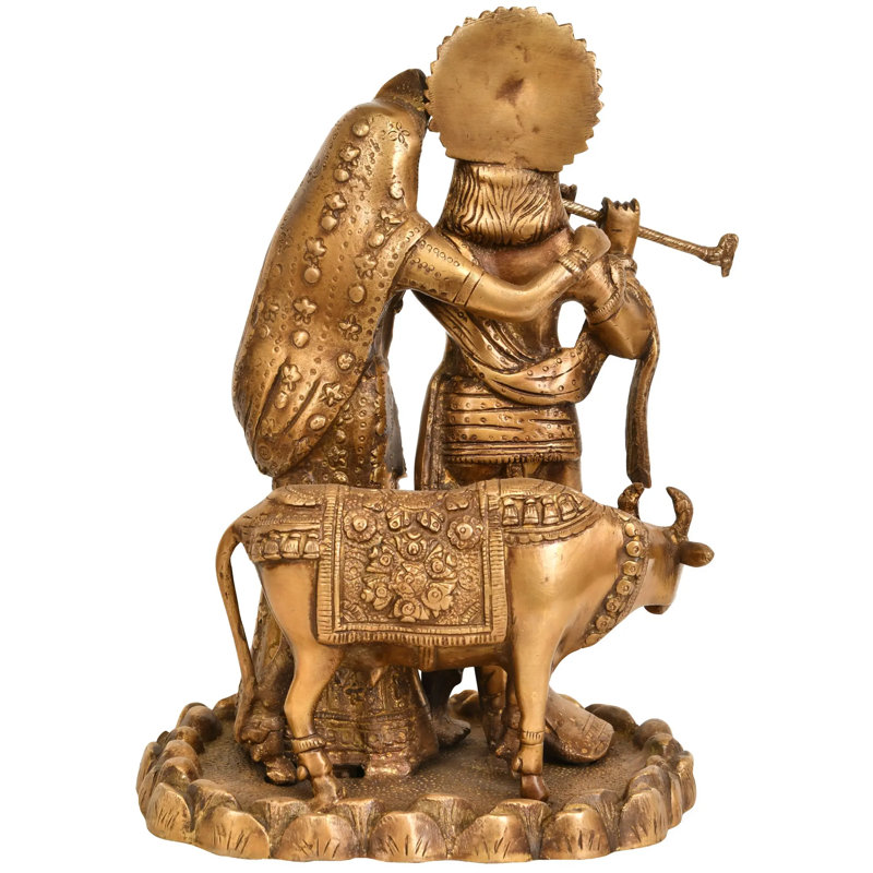 10 "Radha Krishna Idol avec statue de vache en laiton - Sculpture de temple indou fabriqué à la main pour un amour divin