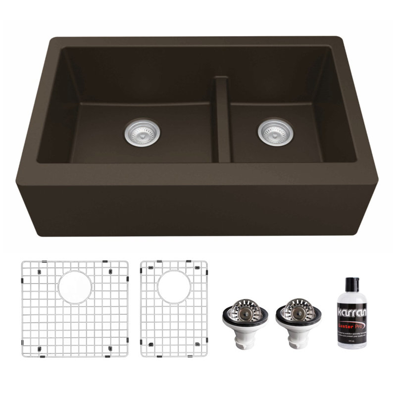 Karran Quartz 34'' X 21-1/4'' 60/40 Double Bowl Farmhouse/Apron Front Kitchen Sink Kit, Brown