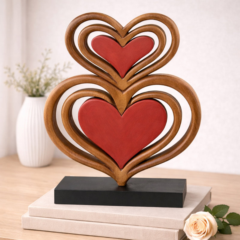 Deanette Twin Hearts Handmade Sculpture Warm Brown and Red Valentines Decor Acacia Wooden Art for Home Decor