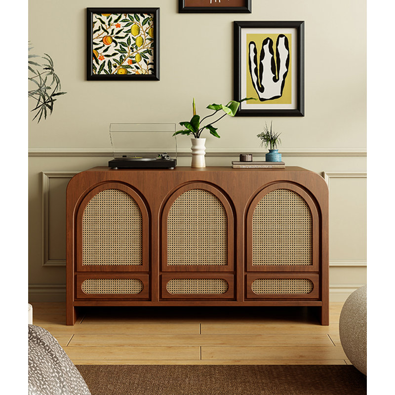 French Sideboard Rattan Solid Wood Vintage Storage Cabinet