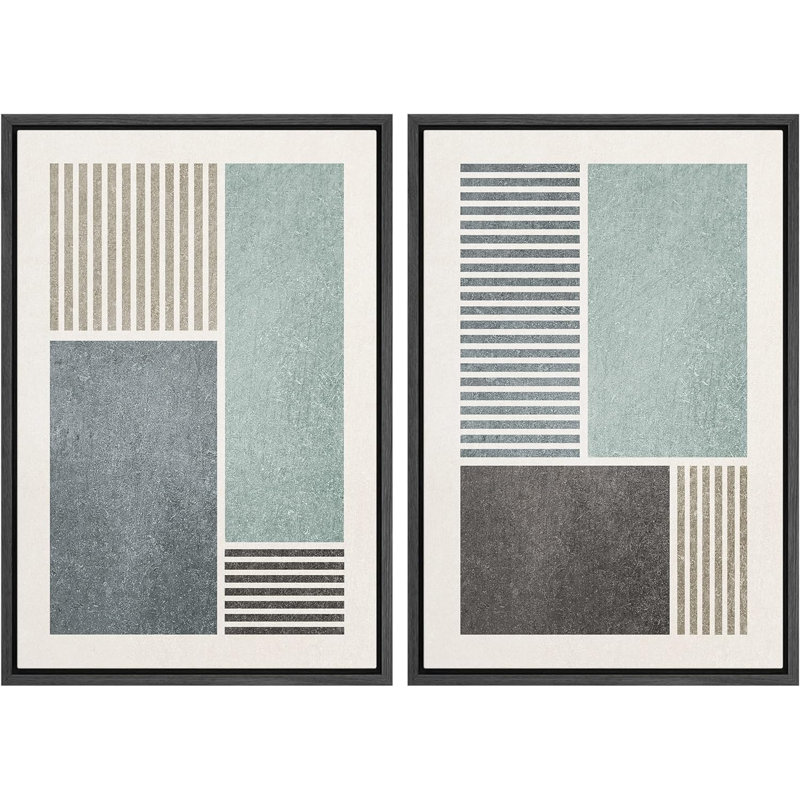 Motif géométrique minimaliste moderne sur fond géométrique bleu et gris sur 2 pièces, Cadre flottant noir