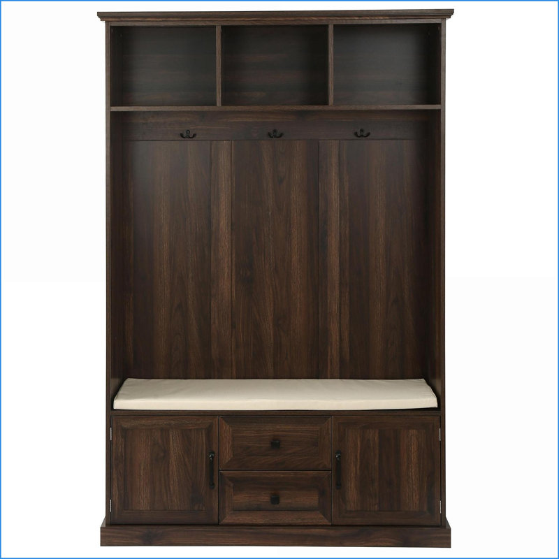 Arbre d'entrée | Banc de vestibule moderne noir avec 5 crochets à manteau, armoire de rangement et amp; 2 tiroirs | Noir | Panneau de particules