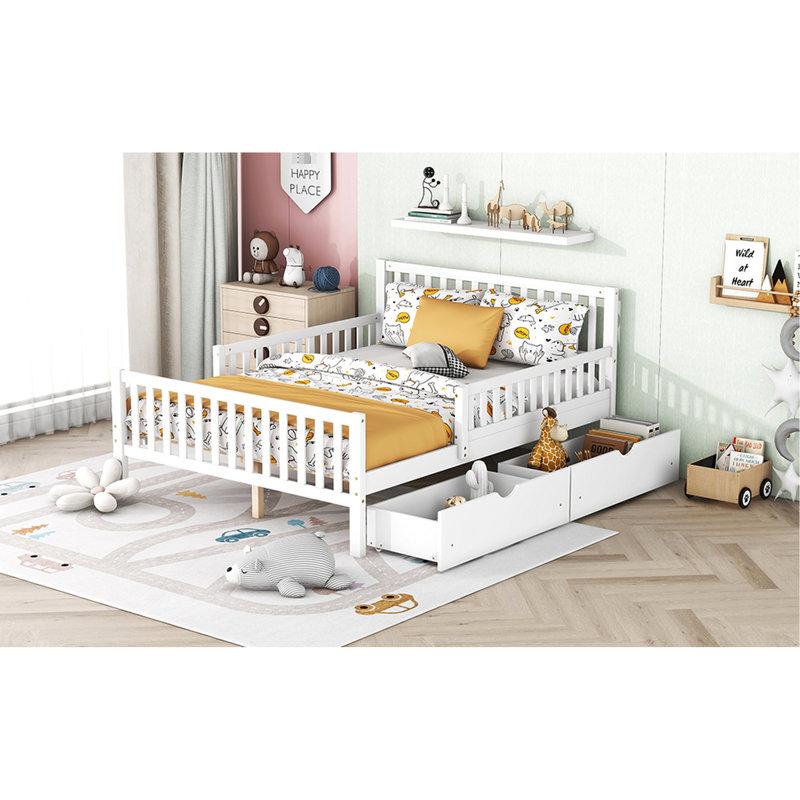 Lit plateforme en bois blanc avec garde-corps latéraux et deux tiroirs de rangement accessibles pleine grandeur de style moderne