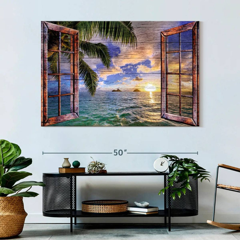 Impression sur toile de fenêtre tropicale en bois, H 34 po x l 51 po x P 1,25 po