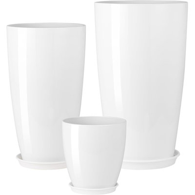 Aldan 24/21/10 Inch Glossy Planters Set of 3, Imitation Porcelain Tall Round Plant Pots with Drainage Holes and Saucers