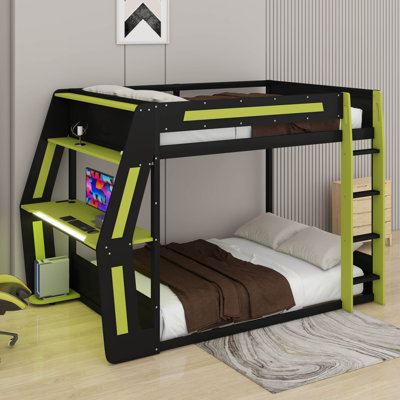 Lit superposé double pleine grandeur avec bureau RVB latéral et ports de charge USB, lit superposé en bois avec bande lumineuse à DEL