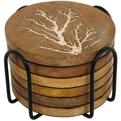 Wood 6 Piece Coaster Set With Holder