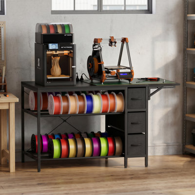 Support pour imprimante 3D avec rangement de filament et bureau pliant, table d'imprimante 3D robuste avec tiroir et station de charge pour atelier