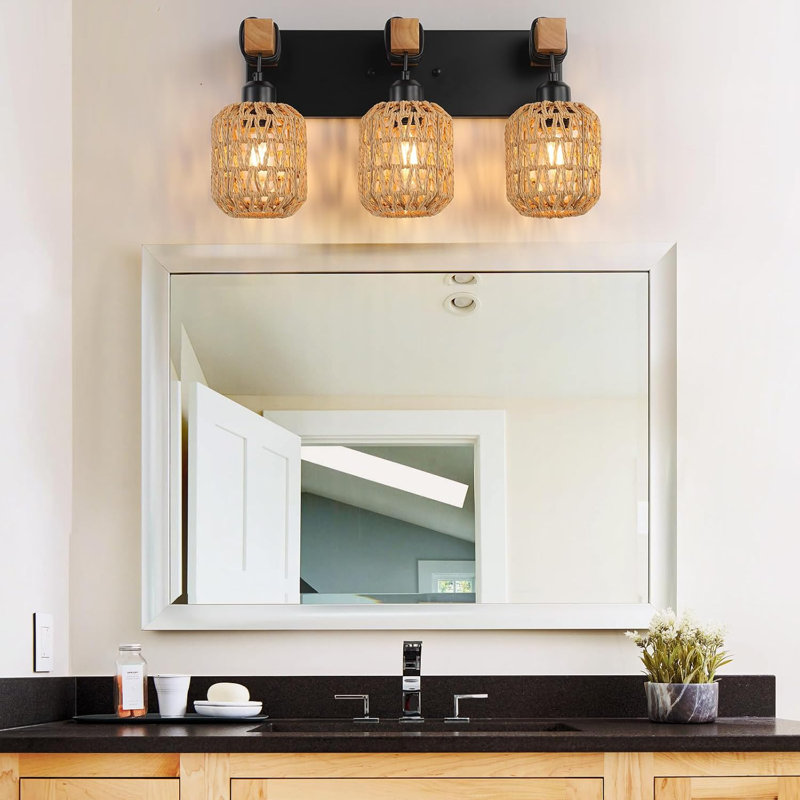 Black Metal and Natural Rattan 3-Light Bathroom Vanity Fixture