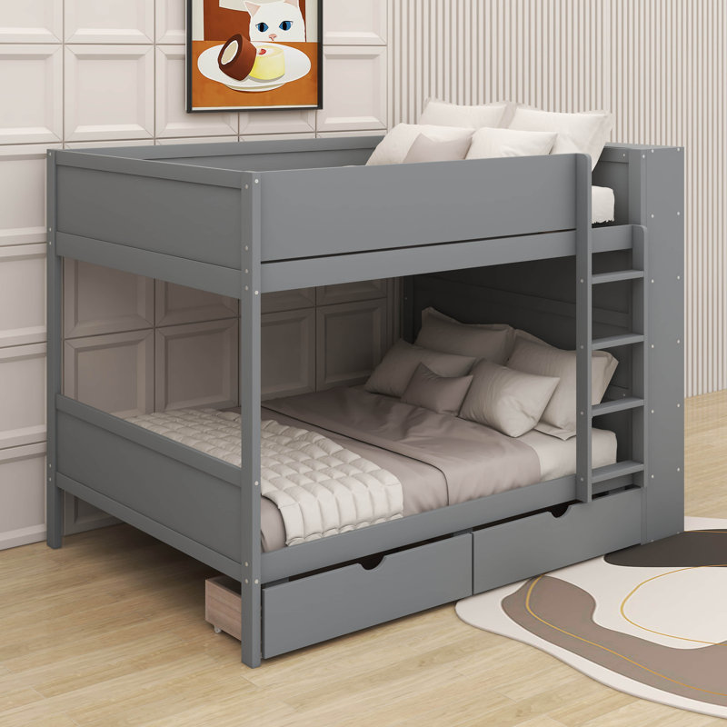 Lit superposé double au-dessus de double avec tiroirs et armoire, gris
