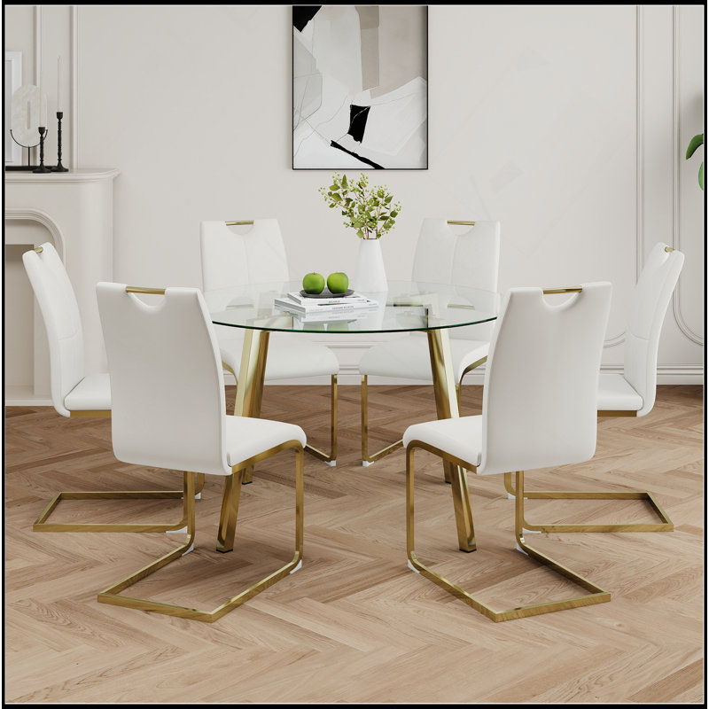 Table ronde en verre de style moderne, conception transparente élégante, base de support durable, ensemble de chaises de salle à manger en polyuréthane, pieds de chaise plaqués or, convient aux cuisines de restaurant (ensemble de 7)