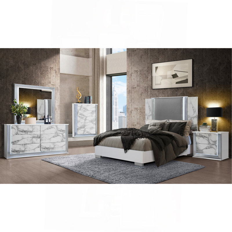 Moon White Marble Queen 5Pc Bedroom Set