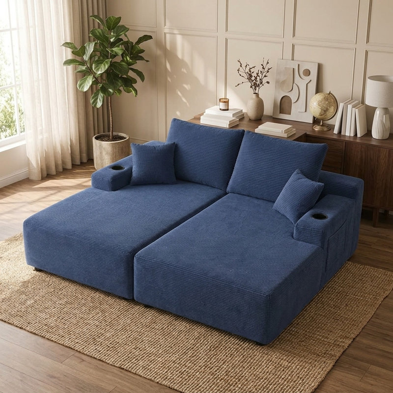 Canapé d'angle moderne Cloud de 155 cm de large avec double méridienne, assise profonde et tissu en velours côtelé, Blue