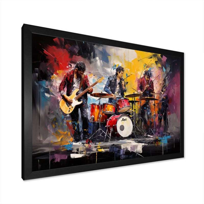 Rock Band In Action III sur toile, Cadre simple noir, H 16 po x l 32 po x P 1 po