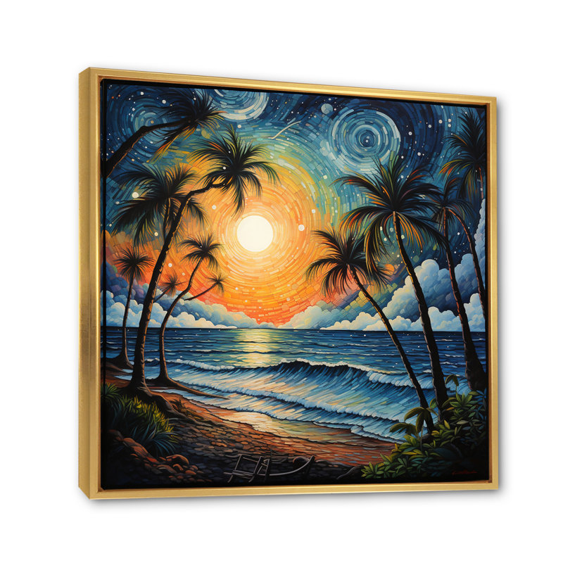Beach Tropical Vibes Pointillism I - Beach Canvas Wall Art, Cadre flottant doré, H 36 po x l 36 po x P 1,5 po