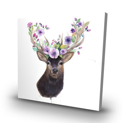 Roe deer head with flowers - 32"x32" art on canvas