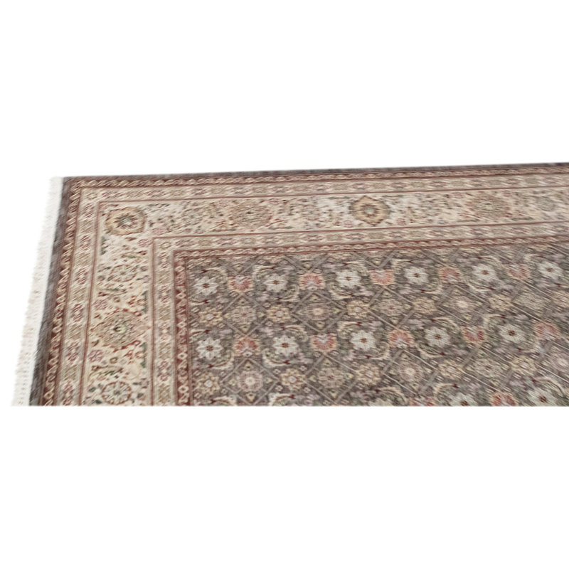 Tapis unique vert olive / beige / brun noué à la main de haute qualité