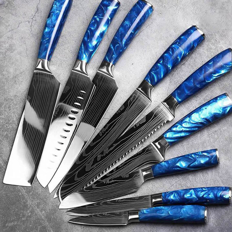 Senken Knives Senken Knives 8-Piece Japanese Kitchen Knife Set With Damascus Blade Pattern & Blue Resin Handles - Cerulean Collection Professional Chef Knife Set with Gift Box