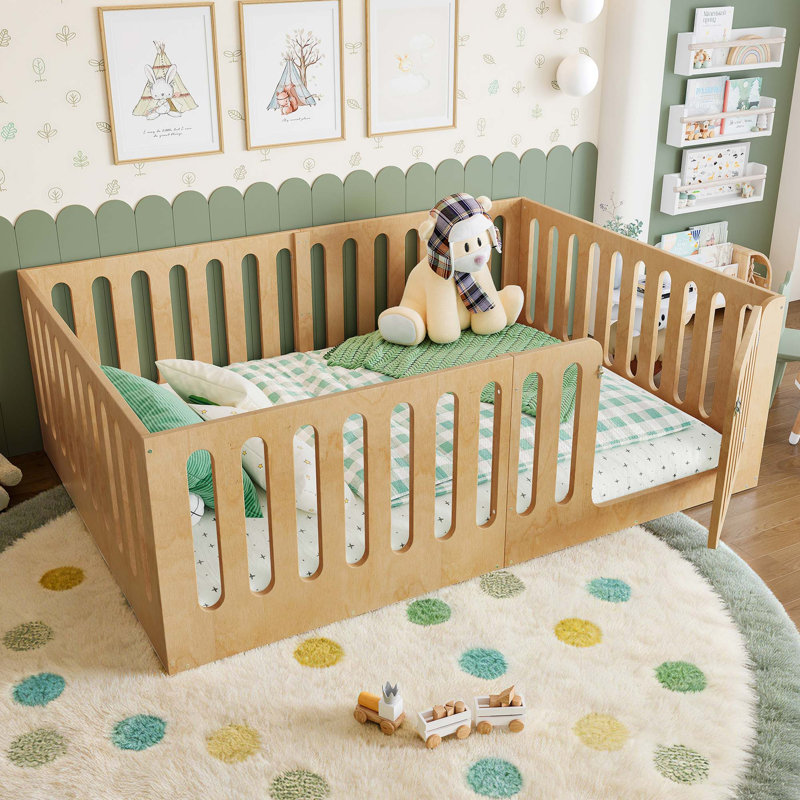 Solid Wood Montessori Floor Bed for Kids with Playful Door Design, Natural