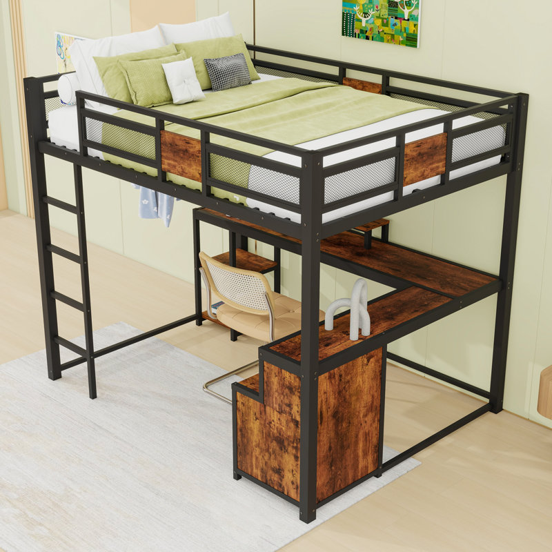 Full Metal Loft Bed With 2 Drawers, Desk And Ladder