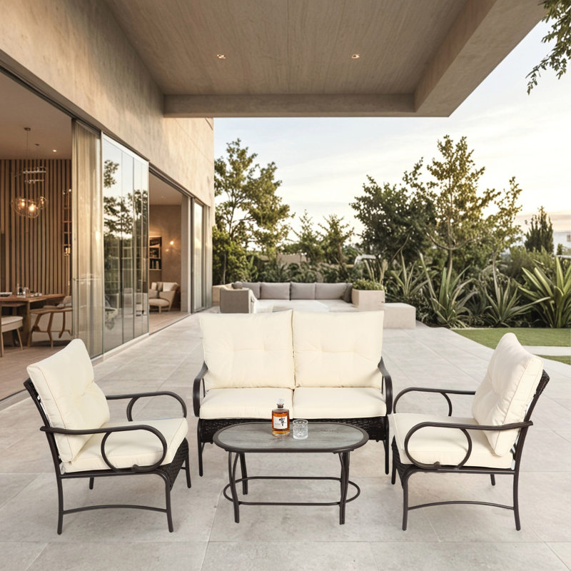 Ensemble de mobilier d'extérieur 4 pièces, ensemble de conversation en osier pour terrasse, canapé en rotin brun avec coussin