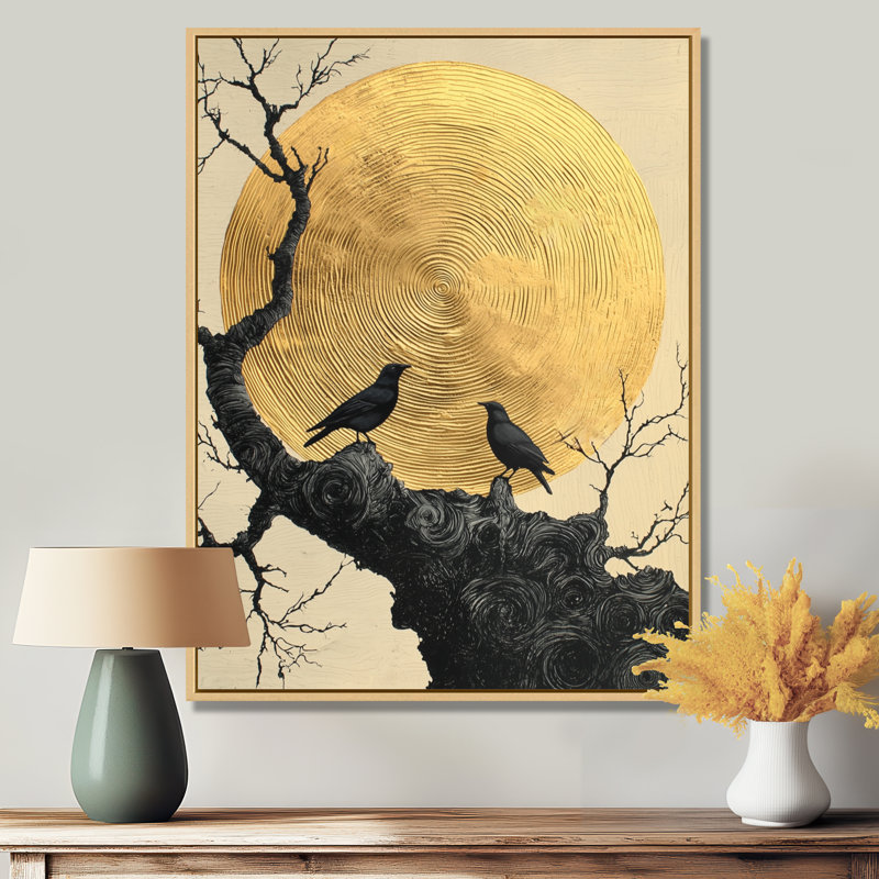 «Gothic Crow Under A Golden Moon I», art mural encadré, H 40 po x l 30 po, Reproduction avec cadre flottant, Crème, crème