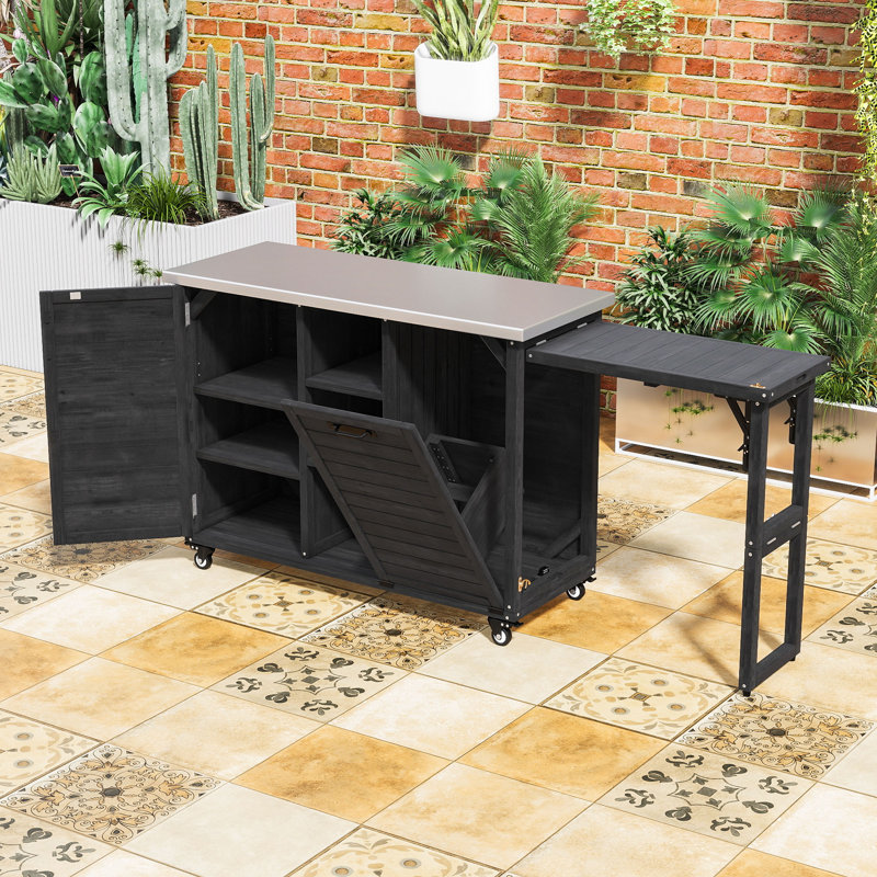 Chariot de barbecue pliable avec plateau en acier inoxydable, armoire à déchets, tablettes et roues réglables, Noir