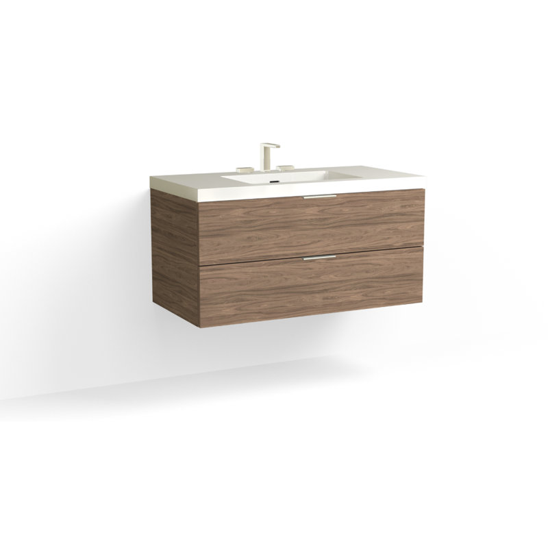 Avila 42" W Wall Mounted Single Bathroom Vanity, Glossy White/Single, Satin Brass, White Acrylic