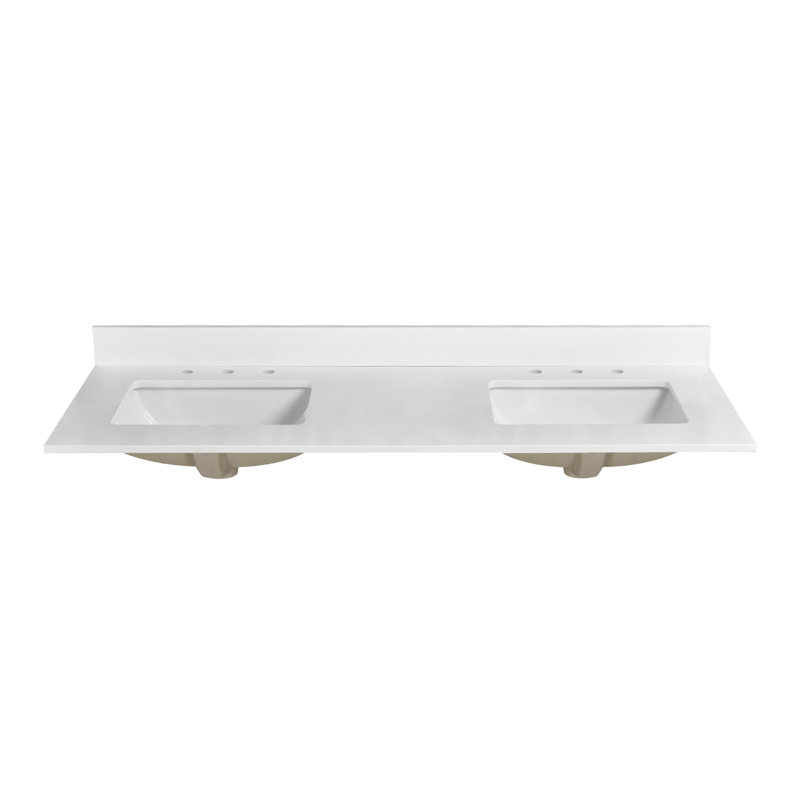 60 po x 22 po, meuble-lavabo en pierre blanc avec deux lavabos en céramique encastrés et 3 trous de robinet avec dosseret