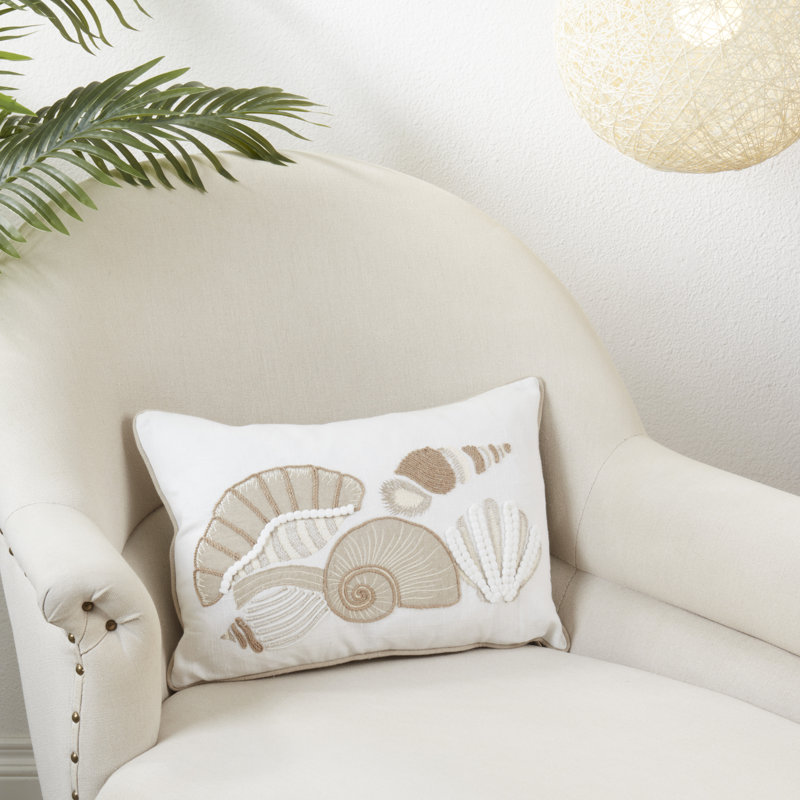 Seashell Serenade Off-White Cotton Throw Pillow Cover, 12"x18"