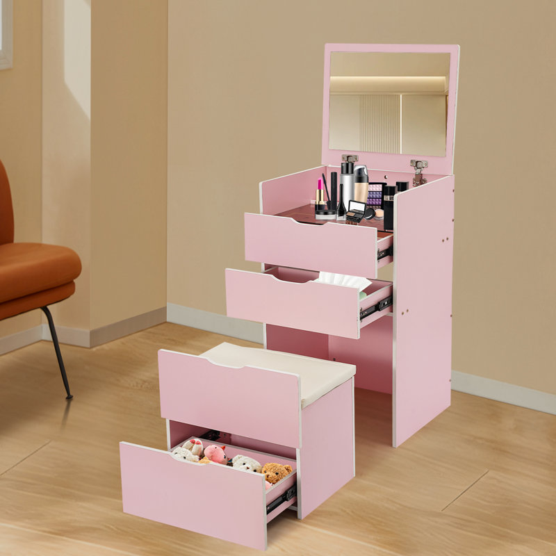 Makeup Vanity Table Set Vanity Desk Bedside Table Storage Cabinet With Mirror, 3 Drawers, Stool, Pink