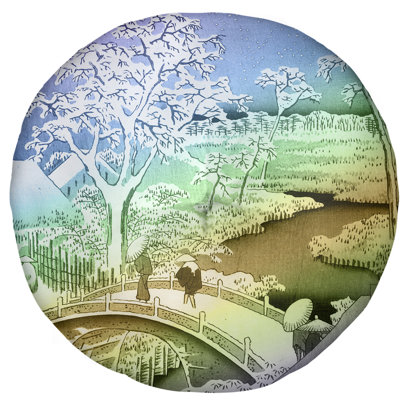 Coussin de plancher utagawa hiroshige meguro tambour et coucher de soleil hill