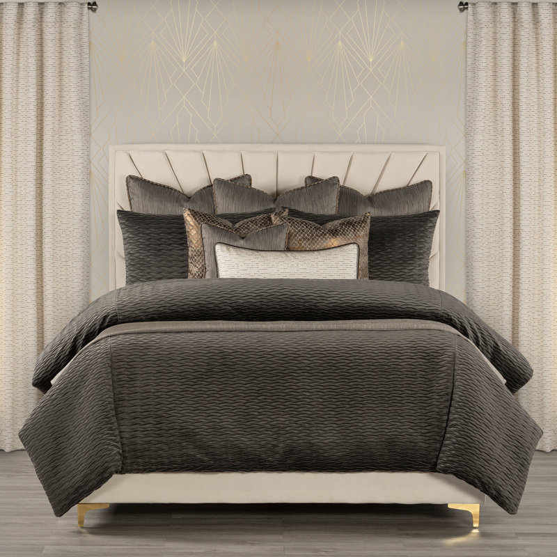 Pleated Velvet Wave Duvet Cover & Insert Set, King Duvet Cover & Insert + 9 Additional Pieces, Graphite