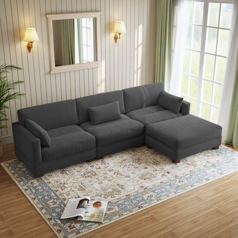 Maelina 4 - Piece Upholstered Gray Corduroy Modular Sectional Sofa with Pillow Back and Removable Ottoman, Gray Corduroy