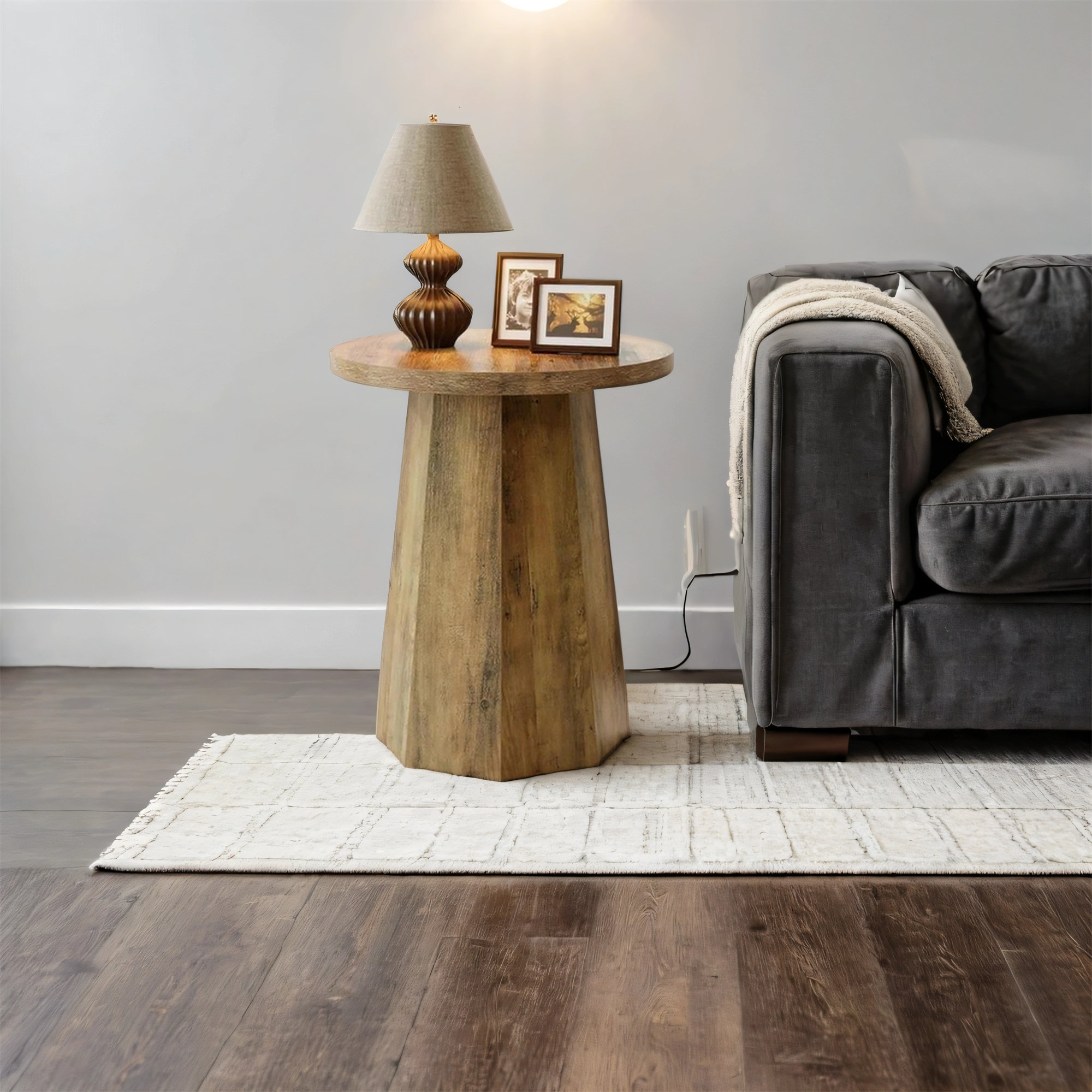 Ebern Designs Round Pedestal Side Table, Rustic Farmhouse Style End ...