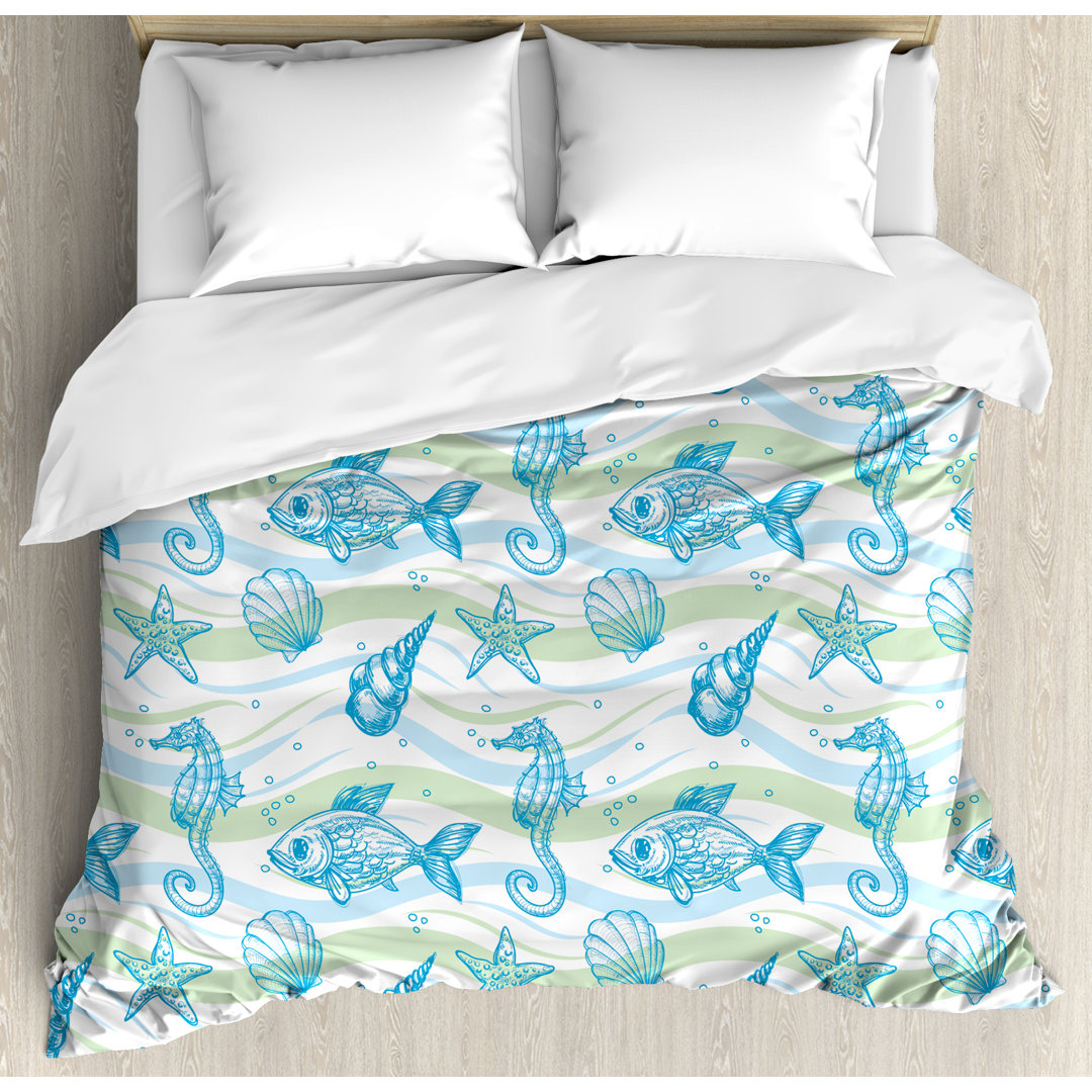 Nautical Marine Ocean Shell Starfish Oyster Mollusk Sea Horse Underwater Aquatic Pattern Duvet Cover Set Ambesonne 