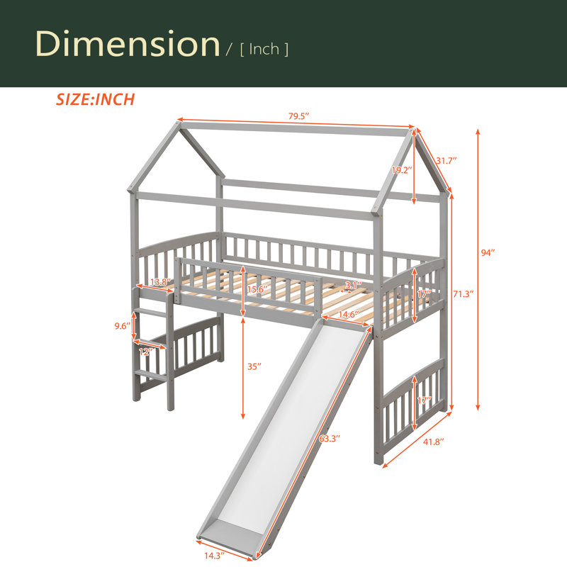 Lit mezzanine simple avec glissade, lit maison avec glissade, Gris