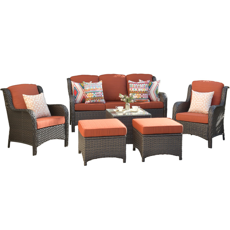 Ensemble de conversation avec canapé en rotin et coussins 6 pièces Caberfae, Orange, Brun