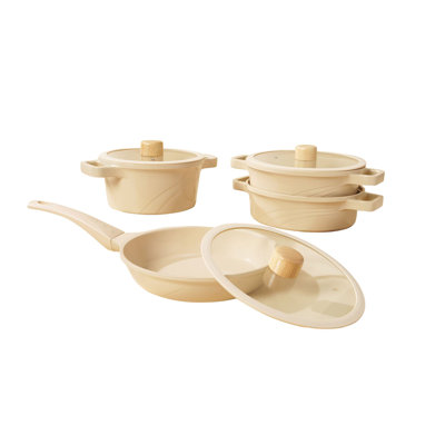 10-Piece Aluminium Pot Set with Ceramic Coating, Includes 3 Pots (7.1 in, 8.7 in, 9.4 in) & 3 Glass Lids, 9.4 in Frying Pan | Induction, Microwave & Oven Safe | Ergonomic, Stackable Design, PFOA-Free, Cream Color