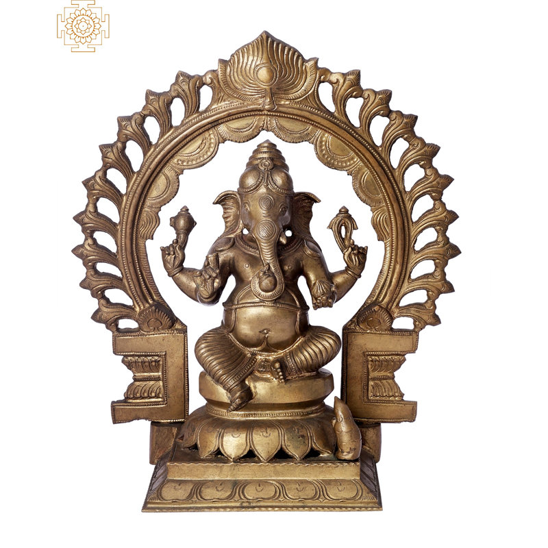 Statue de Bhaguan Ganesha avec arche en bronze 12 "assis - Idole Panchaloha faite à la main | Madhuchista Vidhana (cire perdue) de Swamimalai